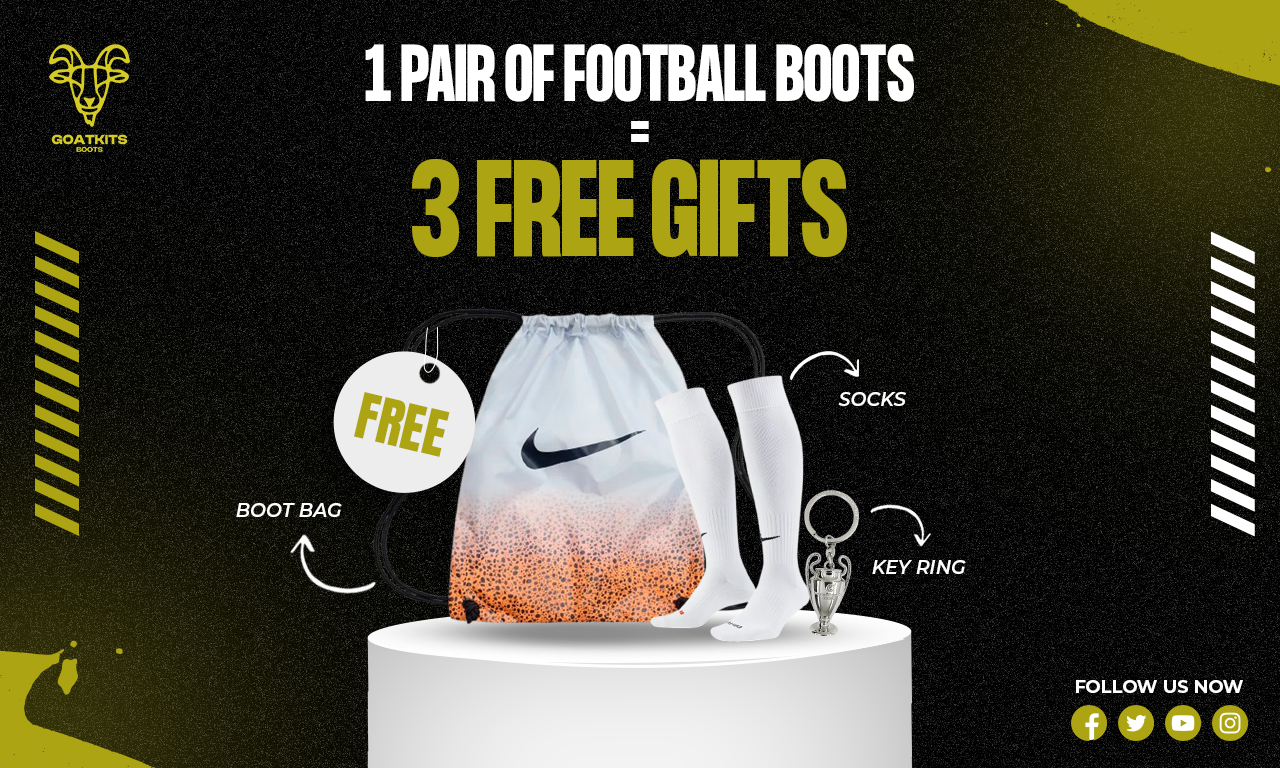 Exclusive GoatKits Boots offer: three free gifts with your order, including a Nike boot bag, a pair of white Nike socks, and a trophy-shaped keyring.