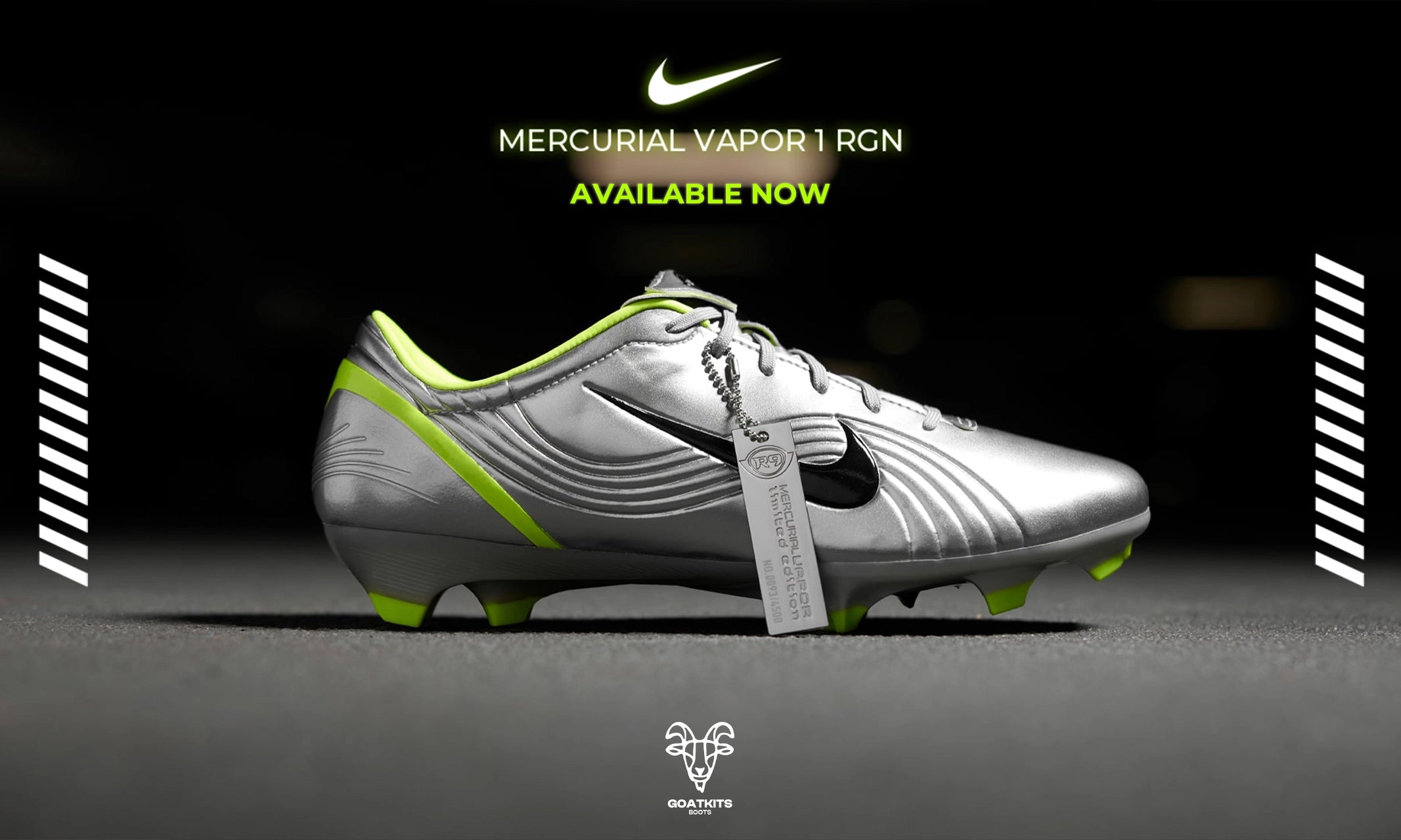 Silver Nike Mercurial Vapor 1 RGN football boots with neon green accents, featuring sleek design details and available now at GoatKits Boots. Showcased on a dark background with GoatKits logo at the bottom.