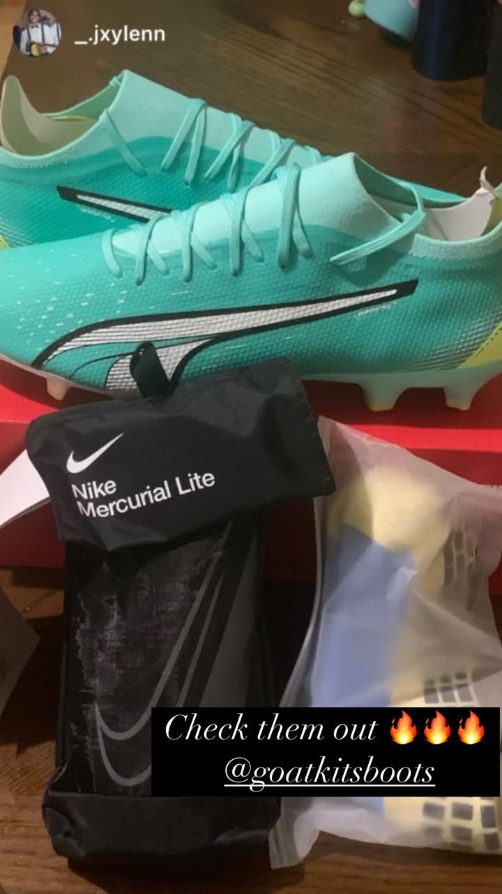 Mint green Nike Mercurial football boots displayed with Nike Mercurial Lite shin guards and additional accessories, tagged with @goatkitsboots and fire emojis, highlighting premium football gear.