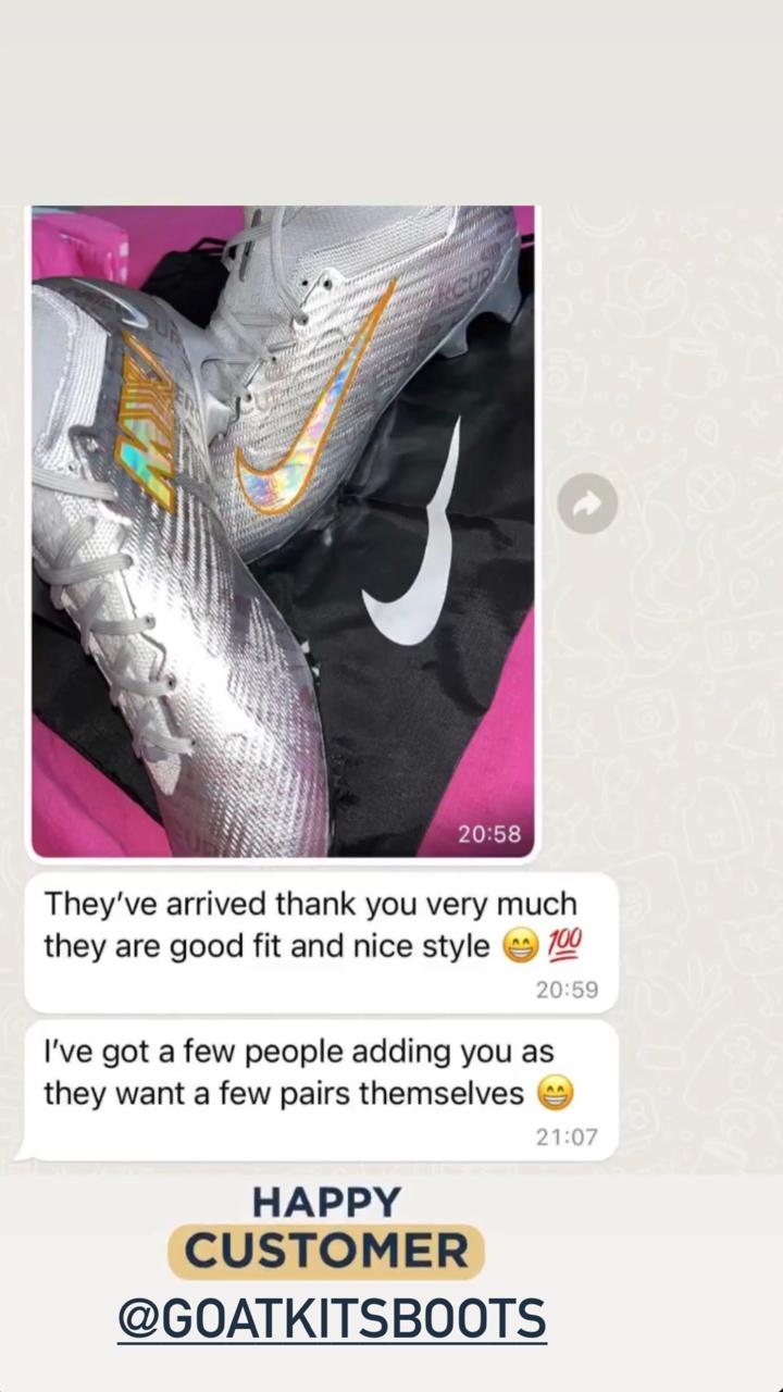 Silver Nike football boots with orange and blue details displayed with a satisfied customer’s message praising the fit and style, tagged with @goatkitsboots and 'Happy Customer' label, showcasing positive feedback.
