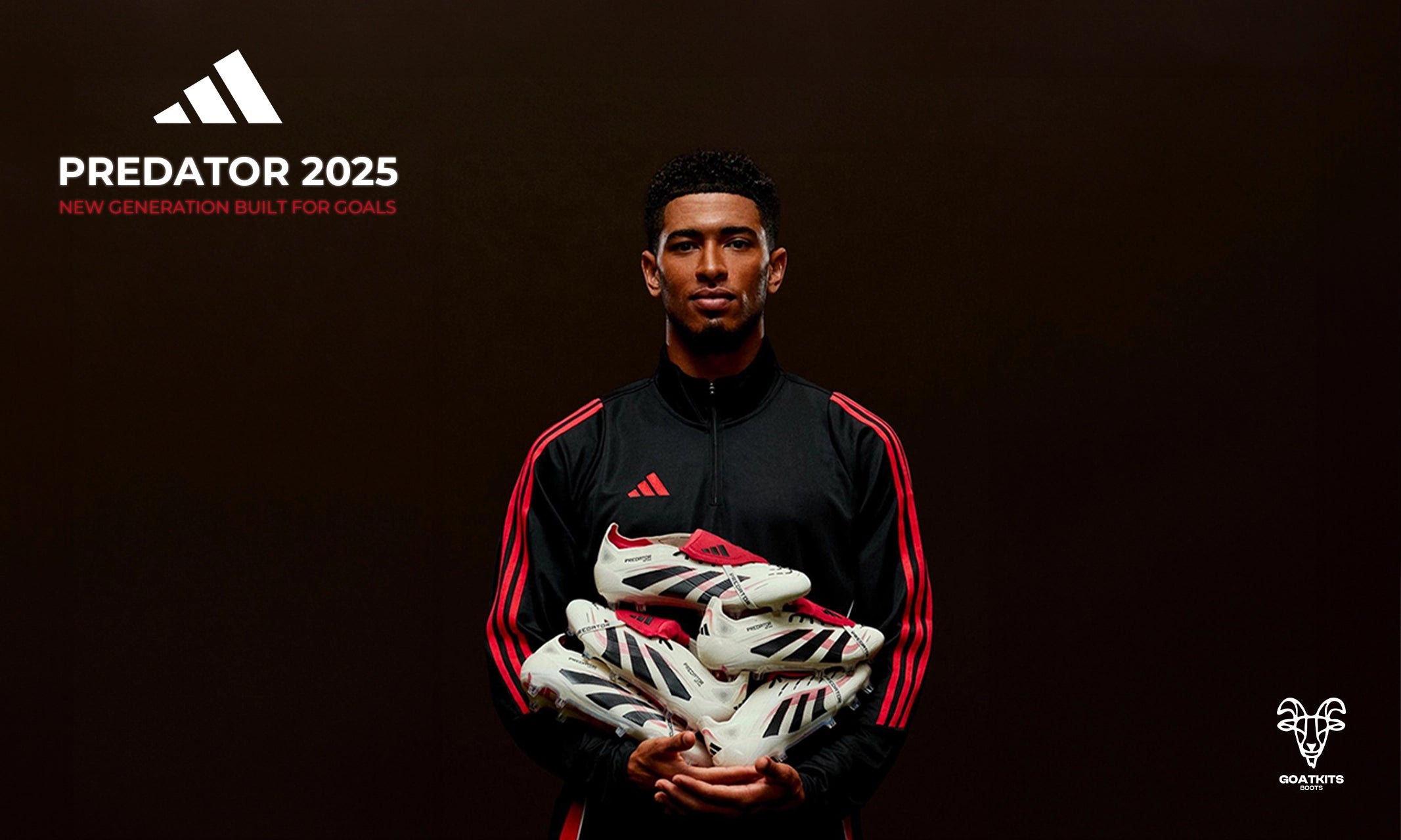 Adidas Predator 2025 football boots campaign featuring a player holding multiple pairs of white and red Predator boots, showcasing the new generation built for goals. GoatKits Boots logo displayed in the corner.